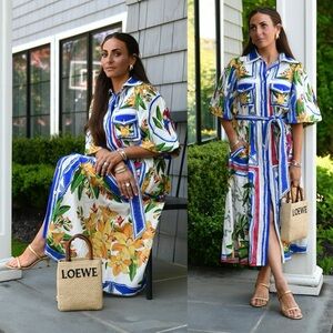 Farm Rio Tropical Destination Midi Linen Blend Shirt Dress Small NWT